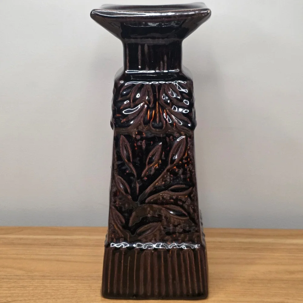 Ceramic Pillar Candle‎ Holder 11in Metallic Dark Brown Embossed Floral Tapered